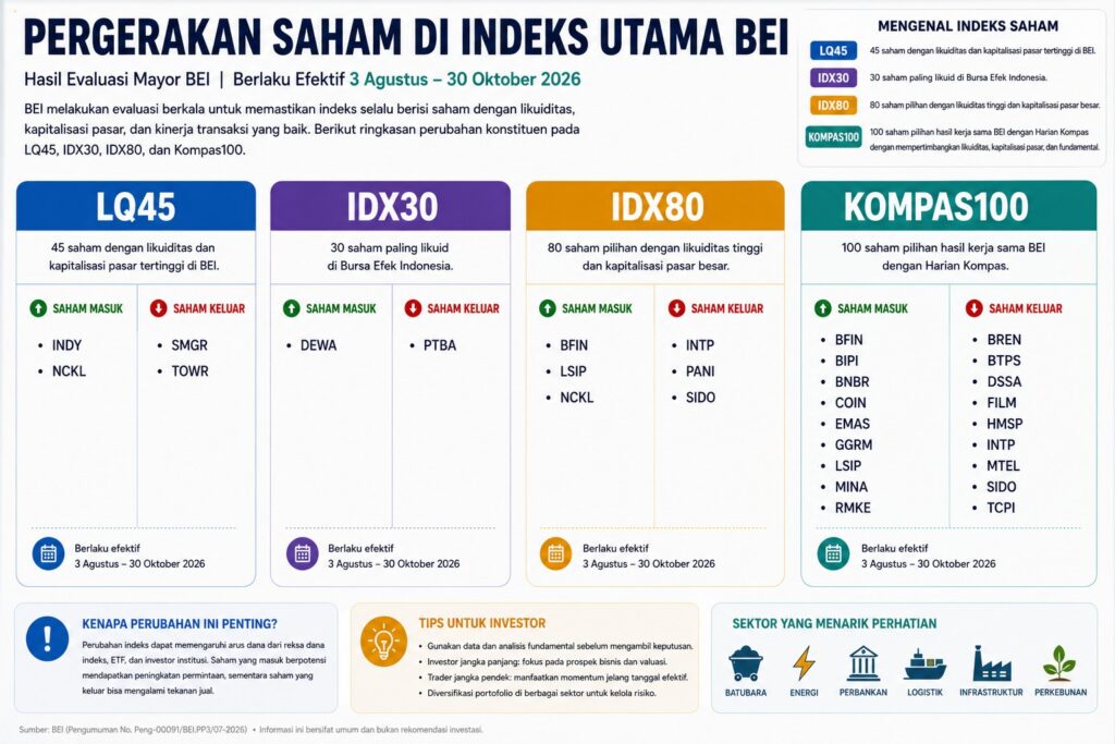 Rebalancing Indeks Saham LQ45, IDX30, IDX80, dan Kompas100